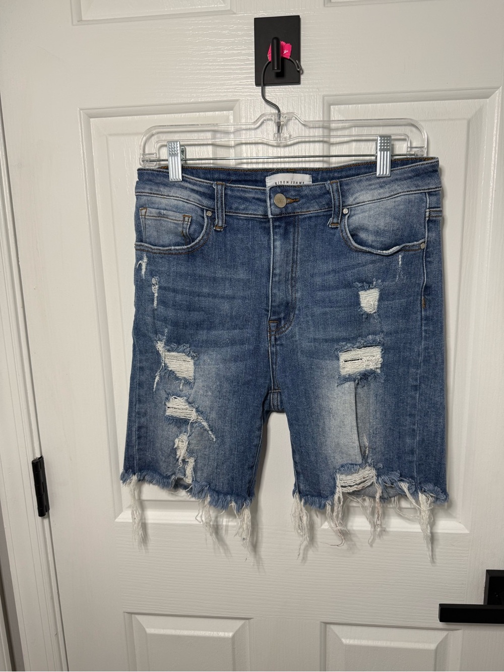 Frayed Distressed Denim Jean Shorts in Medium Blue